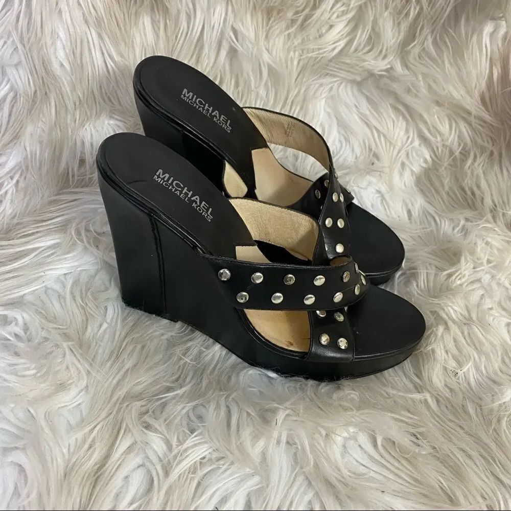 Michael Kors Y2K black leather studded cross over straps wedges sandals 7.5